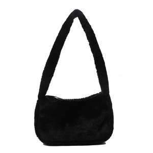 Minimalist black plush shoulder bag for women with soft faux fur texture and zipper