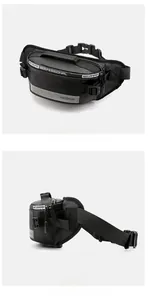 Detail view of the durable nylon fabric and side buckle on the black sports waist bag