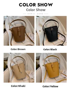 Detailed grid view of minimalist bucket bags in brown black khaki and yellow colors