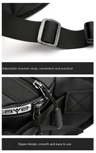 Detail of adjustable nylon strap and smooth metal zipper on this black sports bag