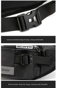 Close-up of durable plastic buckle and adjustable strap on the black waist bag