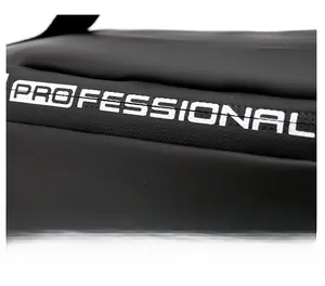 Detail of waterproof black sports waist bag featuring white PROFESSIONAL printed webbing