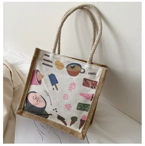 Detail of eco-friendly jute tote bag with summer illustration and rope handle