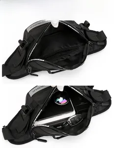 Detail view of water-resistant sports waist bag showing spacious interior compartments