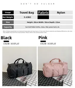 Dimensions détaillées du grand sac de voyage en nylon avec séparation sec et humide