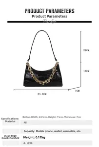 Detail of black crocodile texture PU shoulder bag with gold chain and dimensions