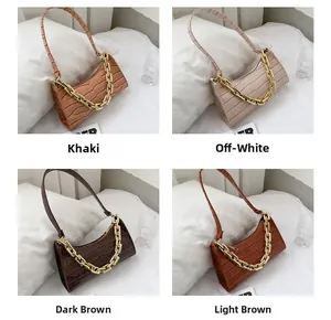 Collage of chic faux crocodile leather shoulder bags in khaki, beige, and brown tones