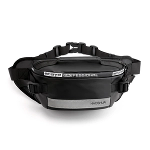 Waterproof black sports waist bag with reflective safety strip and adjustable buckle strap