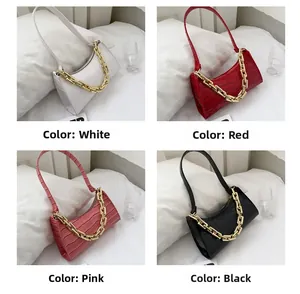 Detailed grid of four crocodile pattern bags in white, red, pink, and black with gold chains
