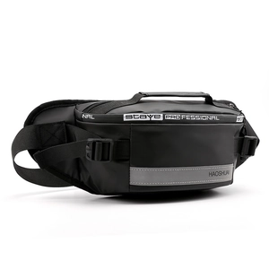 Waterproof black outdoor waist bag with reflective strip and adjustable strap for running