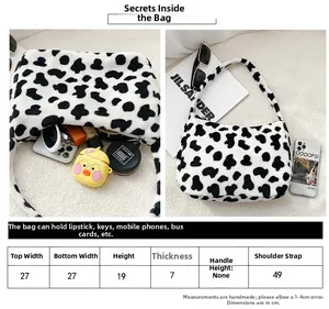 Tabella delle taglie dettagliata e capacità interna della borsa a tracolla con stampa mucca