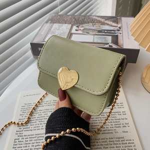 Women Fashion Mini PU Leather Square Bag Heart Metal Buckle Gold Bead Chain Shoulder Crossbody Bag Street Trend Messenger Bag