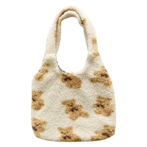 Cute lamb wool tote bag with cartoon bear patterns in minimalist cream white