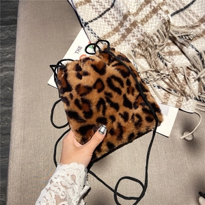Women Faux Fur Leopard Cow Print Bucket Bag Plush Drawstring Crossbody Shoulder Bag Trendy Small Purse Autumn Winter