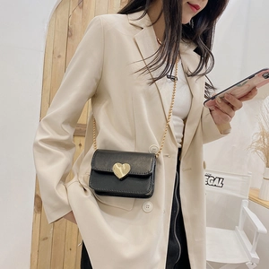 Women's black leather heart buckle mini crossbody bag with gold bead chain strap