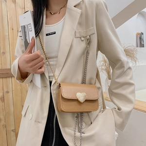 Trendy camel PU leather crossbody bag with heart buckle and gold bead chain strap