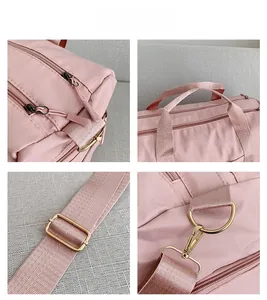 Vues détaillées du sac de voyage rose avec ferrures dorées et tissu en nylon