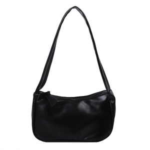 Minimalist black shiny leather hobo shoulder bag with a cute bow zipper detail for women