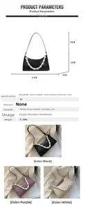 Size specifications and macro view of faux leather crocodile texture pearl handle bags