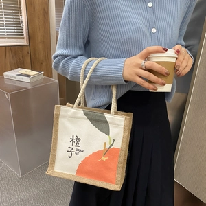 Women Japanese Style Canvas Jute Patchwork Handbag Mini Tote Bag With Cute Fruit Bread Print Casual Portable Shopping Lunch Bag