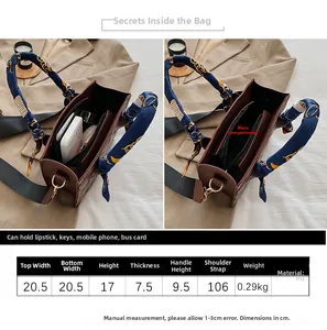 Size chart showing dimensions and capacity of a brown quilted PU leather square handbag