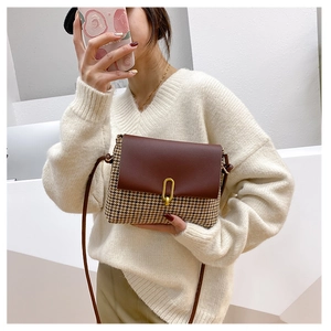 Detail of classic houndstooth crossbody bag with leather trim and gold oval buckle