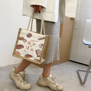 Japanese style large canvas tote bag with bread illustration and thick rope handles