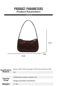 Brown crocodile pattern PU leather shoulder bag with detailed dimensions 23x14x8 cm