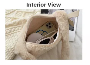 Internal view of cream plush shoulder bag showing spacious canvas interior and zip closure