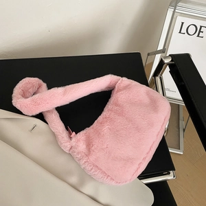 Pink faux fur underarm bag with plush shoulder strap for women casual autumn style
