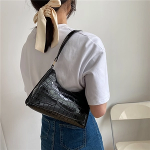 Glossy crocodile pattern underarm baguette bag for women with gold hardware