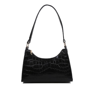 Classic black faux crocodile leather baguette underarm bag with gold zipper for women