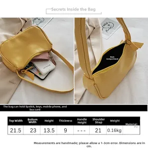 Size chart showing 23cm width yellow PU leather baguette bag with strap details