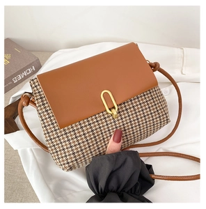 Detail view of houndstooth wool crossbody bag with golden buckle and brown leather trim