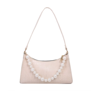Elegant off-white faux crocodile leather underarm bag with decorative large white pearls
