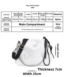 Detailed size chart for nylon butterfly print bucket bag with measurements and strap length