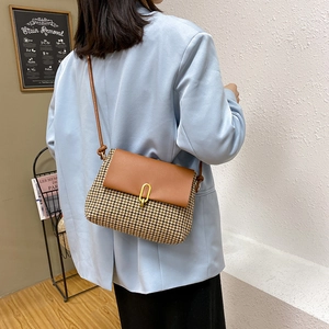 Retro houndstooth crossbody bag with leather flap and gold lock shown on model