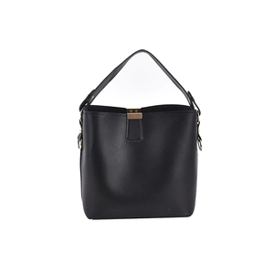 Minimalist black bucket bag with golden lock and top handle on a clean white background