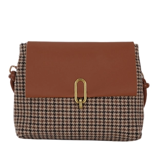 Retro houndstooth crossbody bag with brown leather flap and golden metal buckle clasp