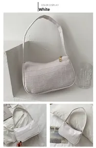 Detail view of white crocodile pattern PU leather shoulder bag with gold zipper hardware