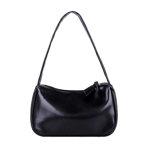 Minimalist black faux leather baguette shoulder bag with shiny mirror finish for women