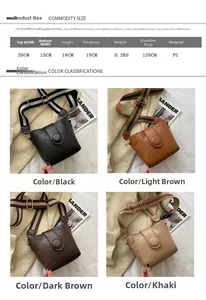 Detailed size chart and dimensions table for the PU leather crossbody bucket bag