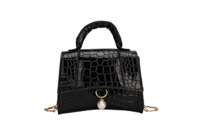 Elegant black crocodile embossed hourglass handbag with pearl charm and gold chain