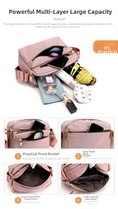 Pink waterproof nylon crossbody bag with multiple zippered pockets for large capacity storage