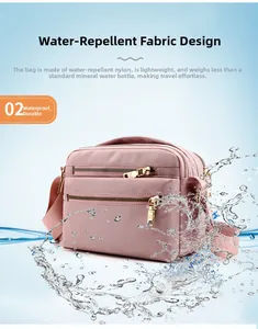 Close-up of waterproof nylon fabric with water droplets on pink crossbody shoulder bag