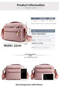 Pink waterproof nylon crossbody bag dimensions and size comparison with a smartphone
