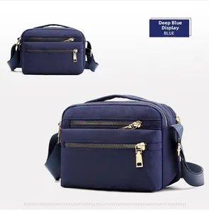 Close-up of dark blue waterproof nylon bag featuring multiple zipper compartments and gold hardware