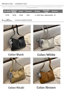 Detailed size chart and specifications for PU leather shoulder bag in four colors