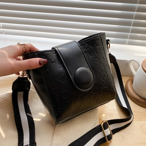 Women Retro PU Leather Bucket Bag Embossed Cartoon Pattern Wide Striped Shoulder Strap Fashion Crossbody Messenger Bag