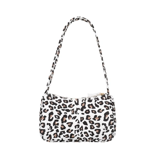 Chic leopard print shoulder tote bag with minimalist baguette silhouette and zipper closure